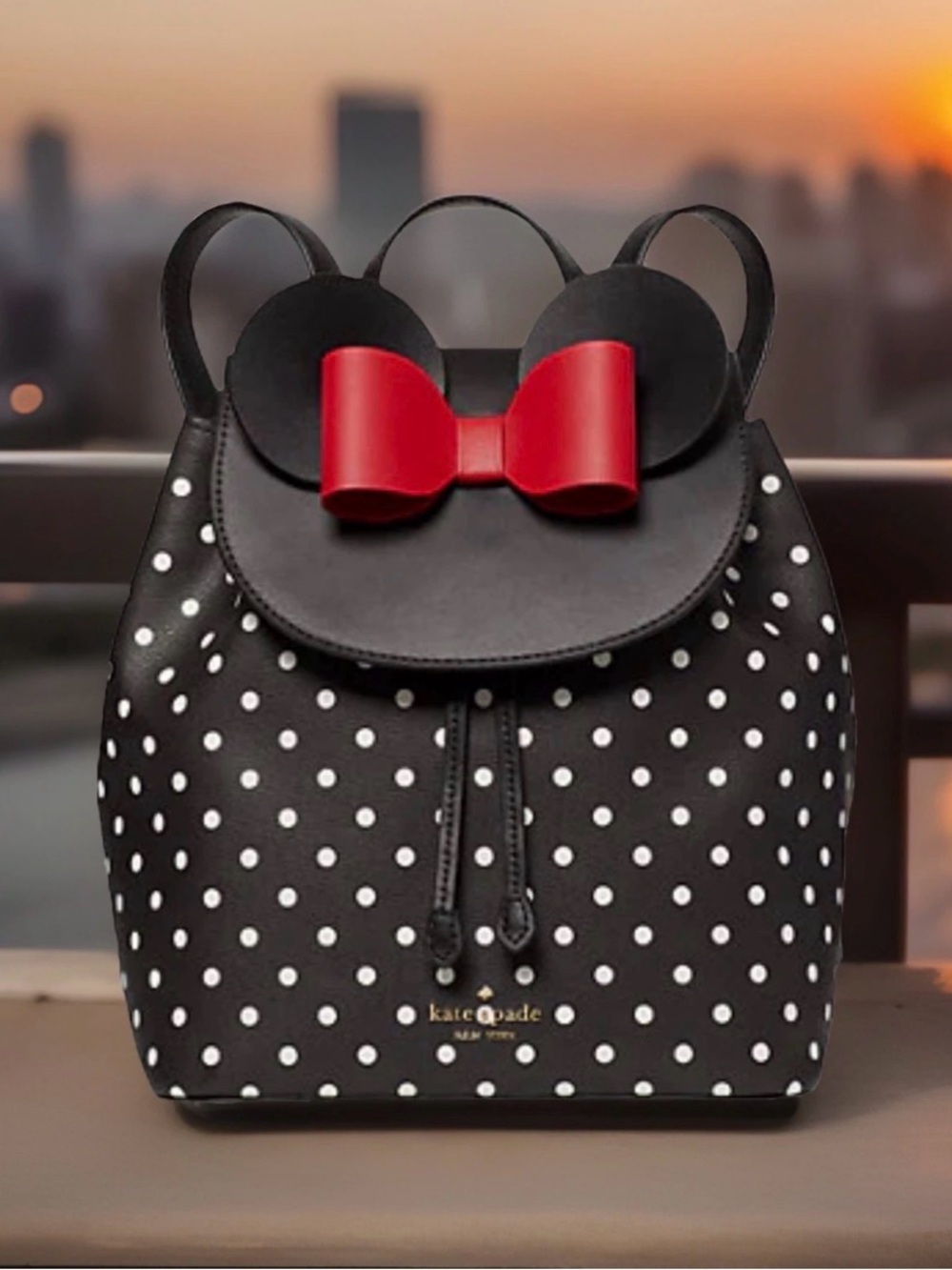 NEW Kate Spade NY Disney X Minnie Mouse Black White Polka Dot Leather Backpack